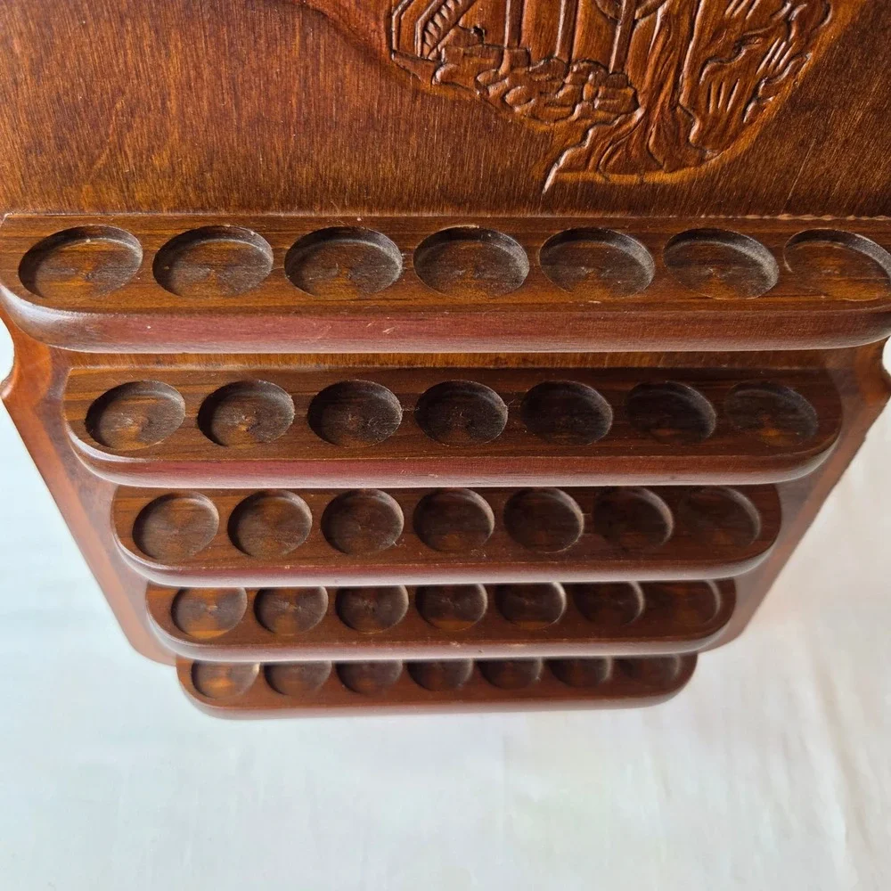 Vtg Wood Carved Ornate Water Mill Wall Display Rack 30 Slot Thimble Curio Shelf